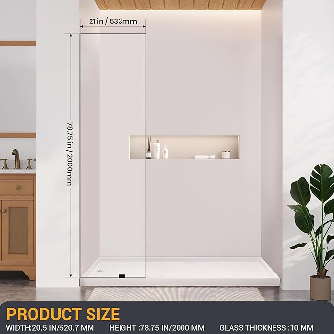 Shower Glass Panel 21" W×78.75" H, 3/8" Thick Clear Tempered Glass Panel