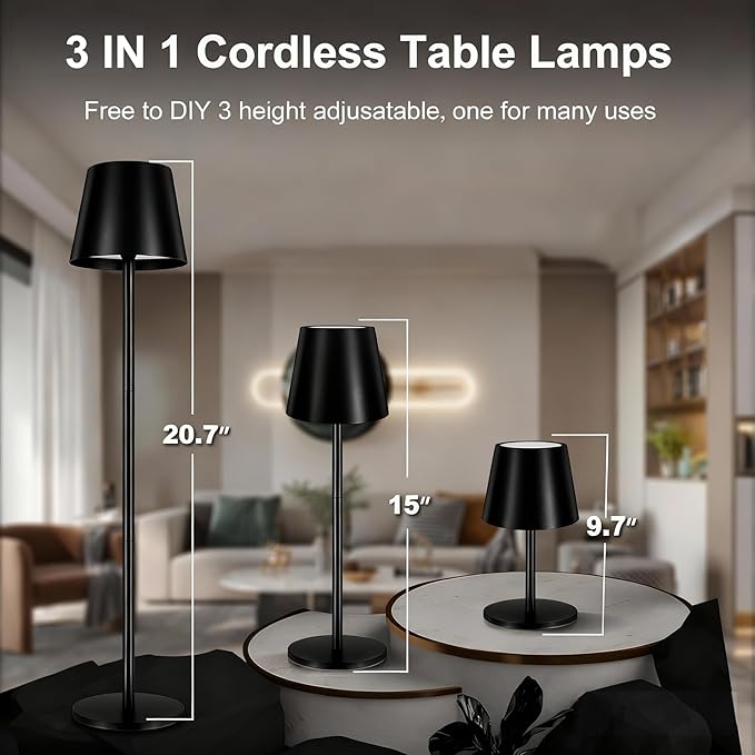 2-Pack Cordless Metal Table Lamp, 3 Adjustable Heights, 5400mAh Rechargeable Battery, 3 Colors Touch Dimming, Waterproof Portable Wireless Desk Lamp for Restaurant, Bedroom, Outdoor Patio