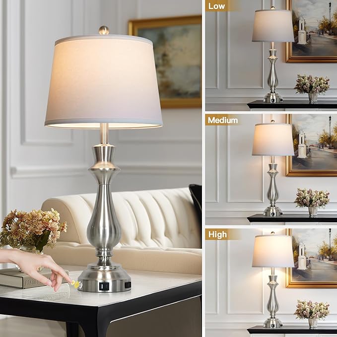 Modern Silver Table Lamps Set of 2 for Living Room,30" Tall Bedside Lamp with USB Charging Port,3-Way Dimmable Touch Nightstand Lamp for Bedroom Desk Side Table Office,Silver