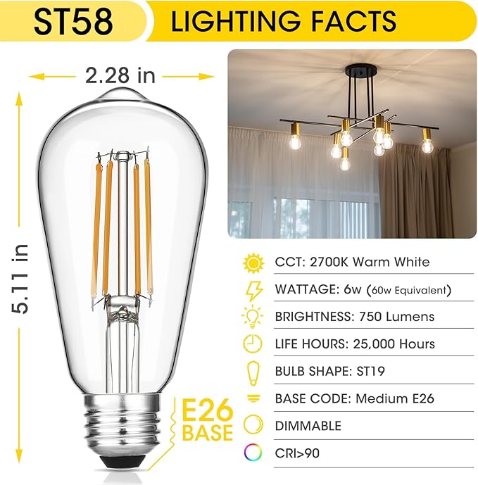 Vintage LED Edison Bulbs 6W, Equivalent 60W Incandescent, Warm White 2700K, ST58 Antique LED Filament Bulbs with 90+ CRI, E26 Medium Base,Dimmable, Clear Glass, Pack of 6