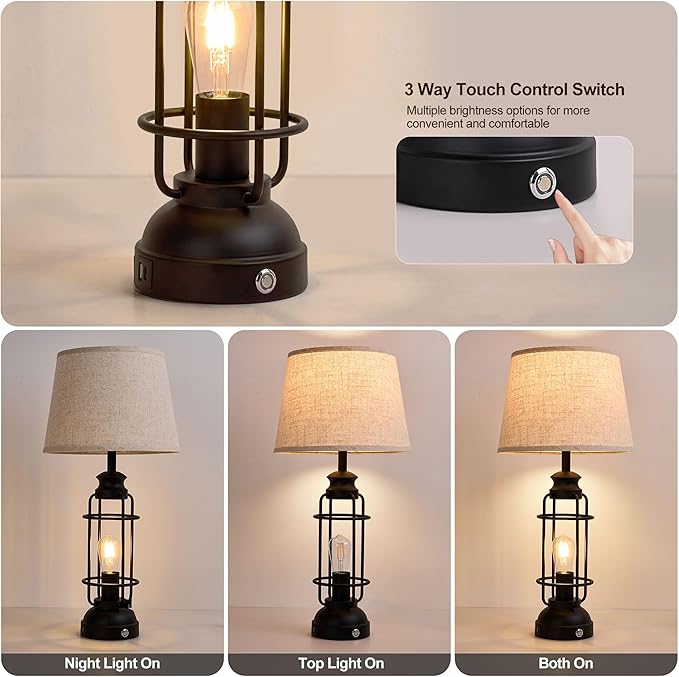 28" Table Lamps for Living Room Set of 2, 3 Way Dimmable Touch Lamps with USB A+C Ports,Farmhouse Table Lamps for Bedroom,Industrial Lamp for Living Room End Tables, 4 Bulbs Included