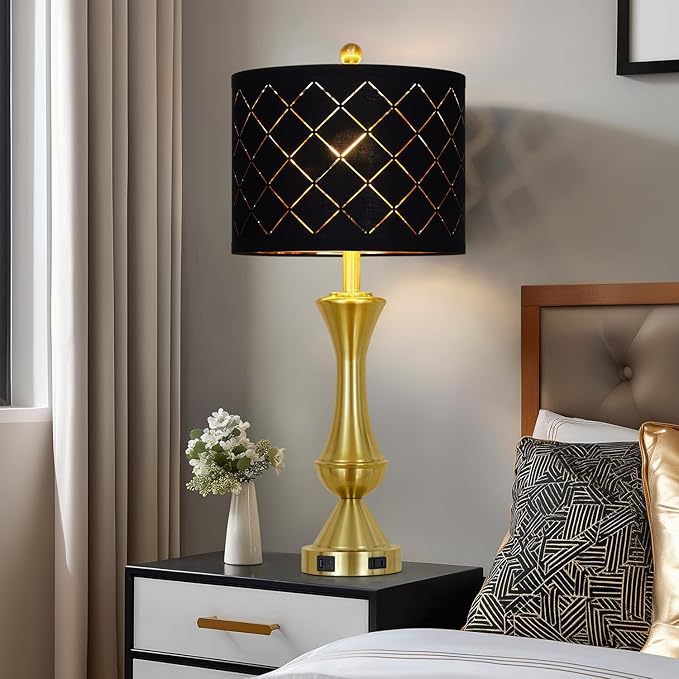 29" Gold Modern Table Lamps Set of 2, 3-Way Dimmable Touch Lamps for Nightstand with USB A+C & Outlets,Brass Lamps for Living Room, Bedroom, Nightstand, Entryway(2 Bulbs Included)