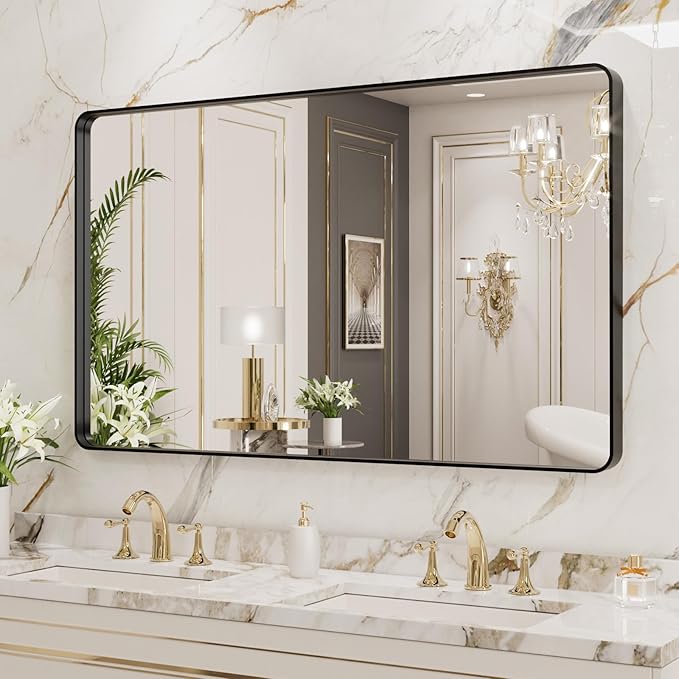 LOAAO 40x24 Inch Black Metal Framed Bathroom Mirror