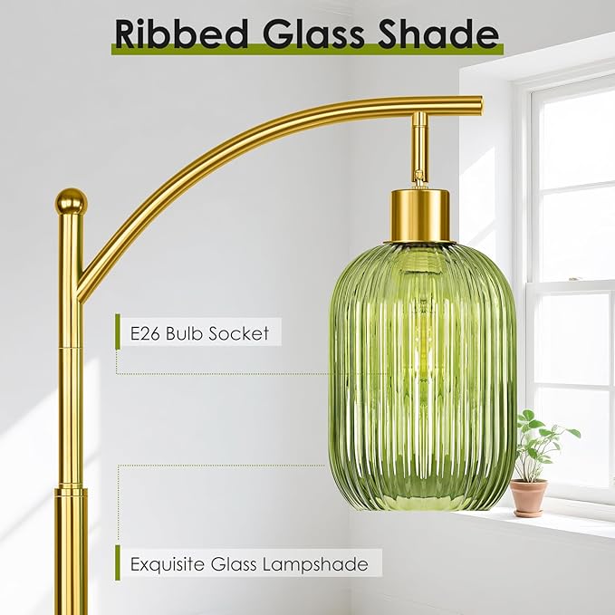 Gold Floor Lamp for Living Room with Remote Control,Unique Vintage Standing Tall Lamp,Mid Century Modern Floor Lamps Arc Green Glass Floor Lamps for Office Corner