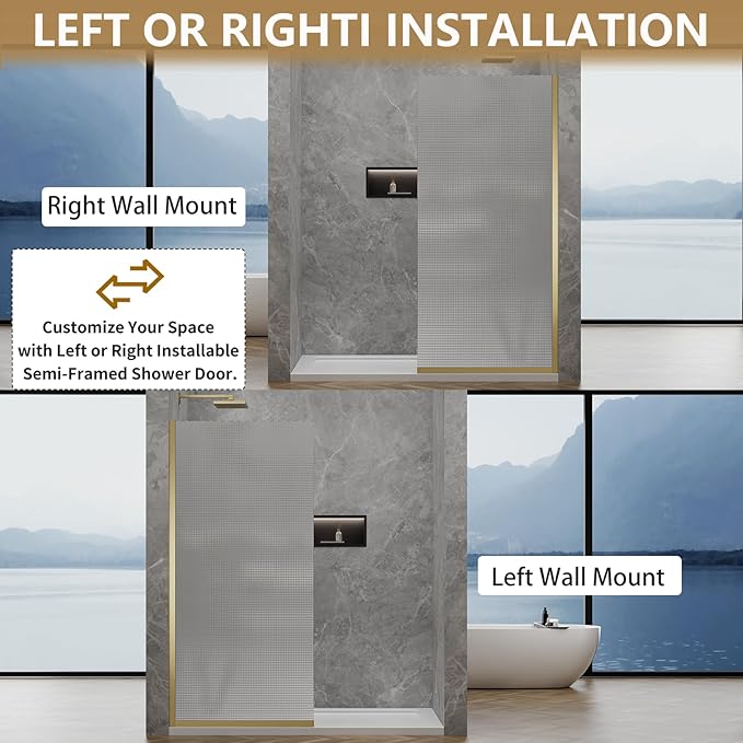 36"x76" Fixed Glass Shower Door, Square Pattern Textured Privacy 5/16" Thick