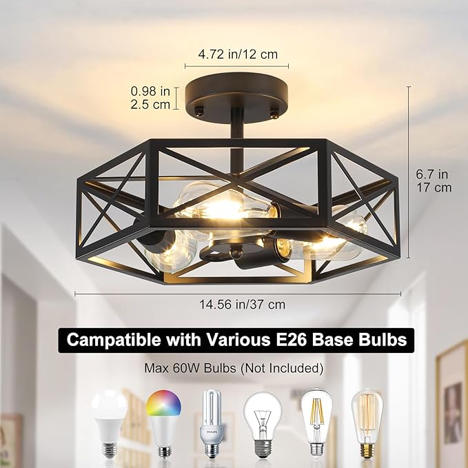 Black Semi Flush Mount Ceiling Light, Farmhouse Hallway Light Fixtures Ceiling Mount, 3 Light Industrial Close to Ceiling Lights with Metal Hexagon Cage for Kitchen, Hallway, Entryway, Bedroom