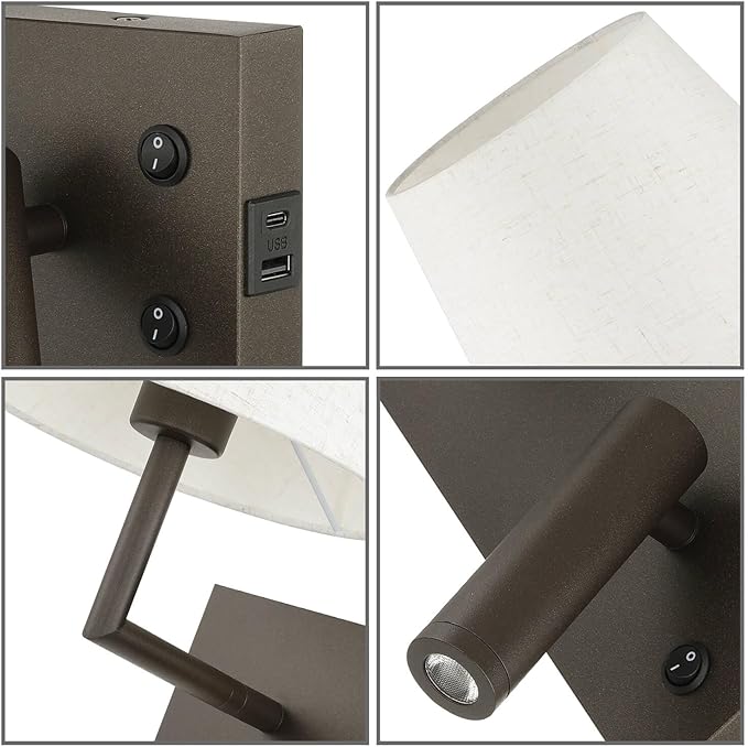 XiNBEi Lighting Hardwired Wall Sconce with LED Reading Lamp, Bedroom Wall Lamp with USB Port & Switch Rotatable Wall Light with Linen Fabric Shade for Bedside Living Room, Dark Bronze XB-W462-LED-DB