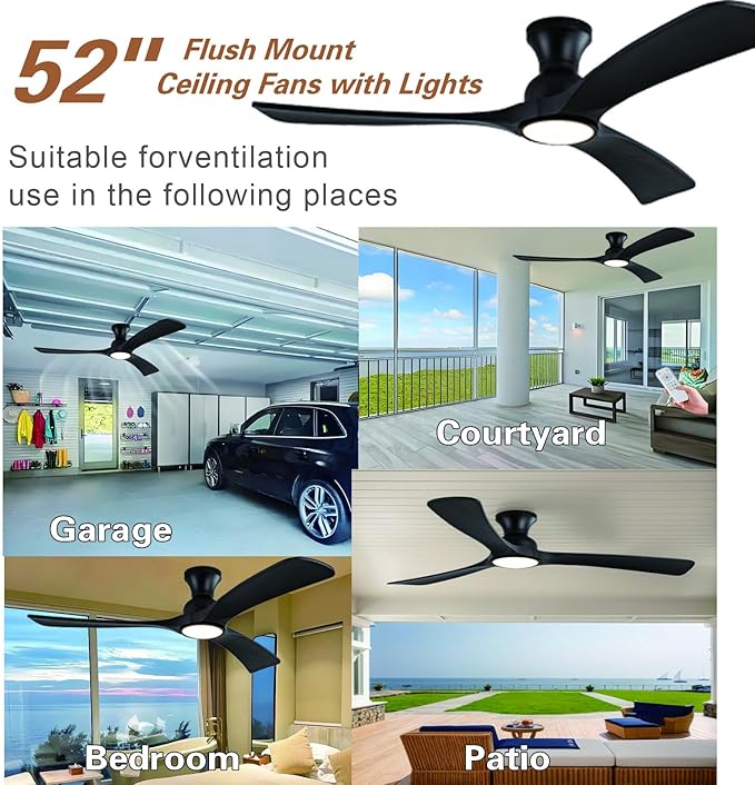 Gaizw Black Ceiing Fans with lights and Remote Control, 52 Inch Modern Wooden