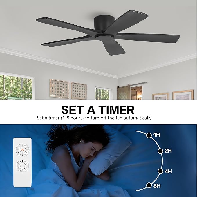 WINGBO 48" Flush Mount DC Ceiling Fans Without Lights, 5 Carved Solid Wood