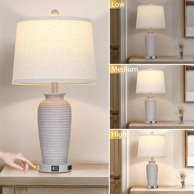 25" Vintage Farmhouse Jar Table Lamps, Single Rustic Bedside Lamp with USB A+C Ports & AC Outlet, Nightstand Lamps for Living Room, Bedroom, End Table, Grey White(LED Bulb Included)