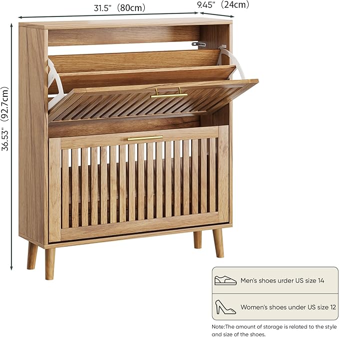 Shoe Storage Cabinet with 2 Flip Slatted Drawers, Narrow Freestanding Shoe