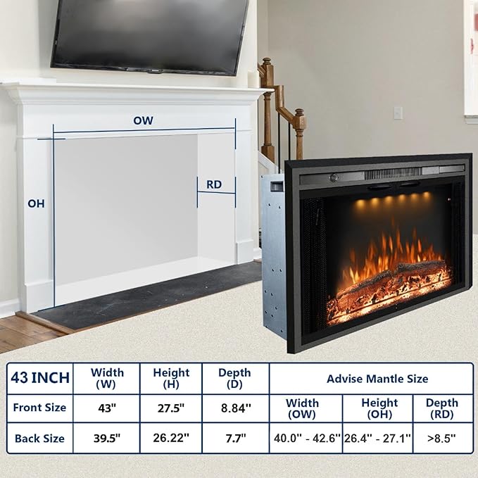 43 Inches Electric Fireplace Insert, 750W/1500W Fireplace Heater