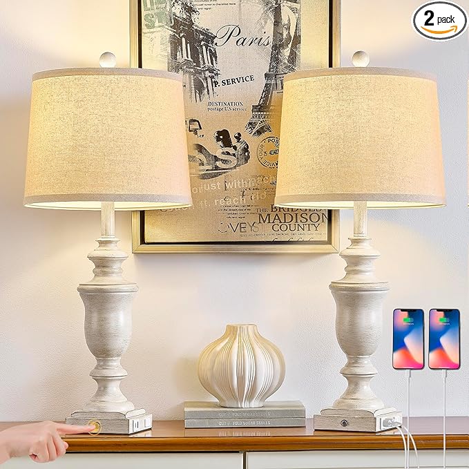 27.5" Set of 2 Farmhouse Table Lamps for Bedroom, 3 Way Dimmable Bedside Lamp with 2 USB +AC Outlet Nightstand Lamps for Living Room Resin Rustic Touch Lamps (Antique Beige)