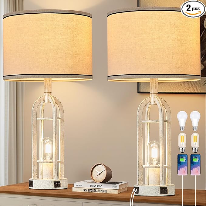 Farmhouse Table Lamps for Living Room Set of 2 - Rustic Industrial Lamps for Night Stands with Night Light & USB A+C, 24" Vintage Bedside Lamp for Bedroom, Bulbs Included