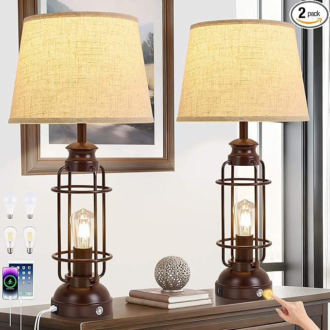 28" Table Lamps for Living Room Set of 2,3 Way Dimmable Touch Lamps with USB A+C Ports,Farmhouse Table Lamps for Bedroom,Industrial Lamp for Living Room End Tables,4 Bulbs Included