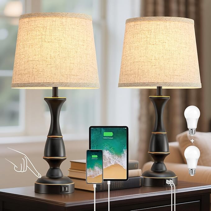Luvkczc Touch Table Lamps Set of 2, 22" Tall Bedside Lamps with Dual USB A Ports, Dimmable Nightstand Lamps for Bedroom, Living Room, Office, Black Lamps with Beige Lampshade, Bulb Included