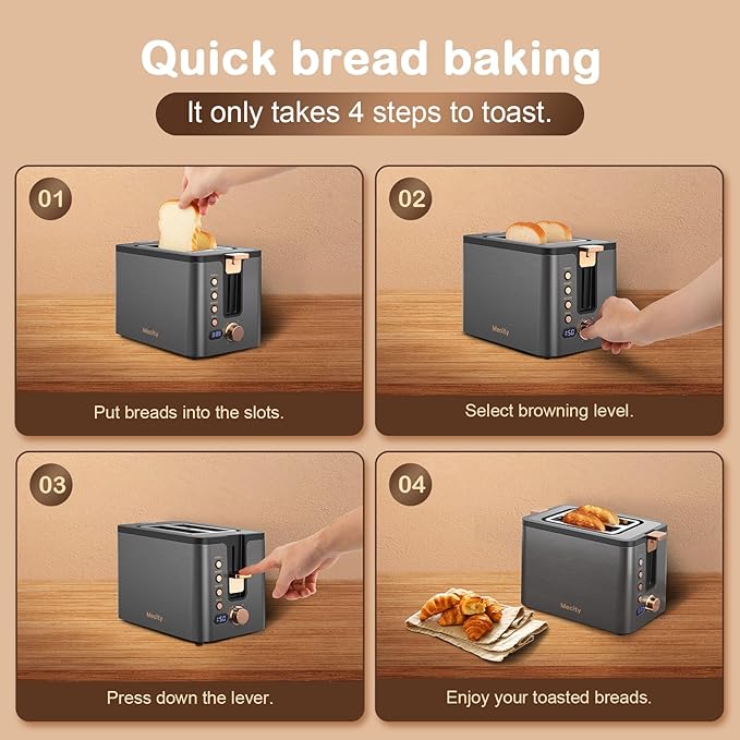 Mecity Toaster 2 Slice Stainless Steel Body Timer, Bagel/Defrost/Reheat/Cancel