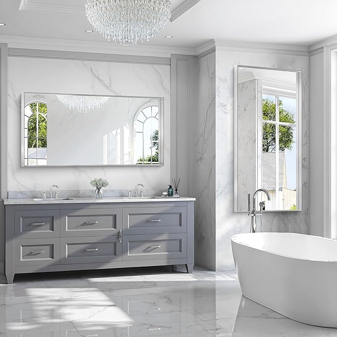 CIRCUMI Silver Bathroom Mirror, Brushed Finish, Tempered Glass, Large Mirror