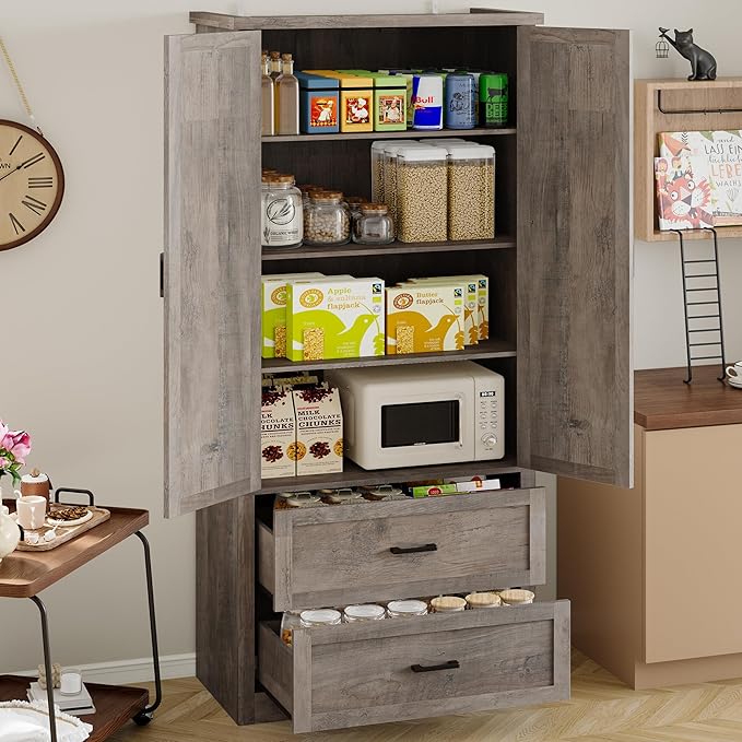 Pantry Organizers and Storage Cabinet, 71” Barn Door White Kitchen Cabinet