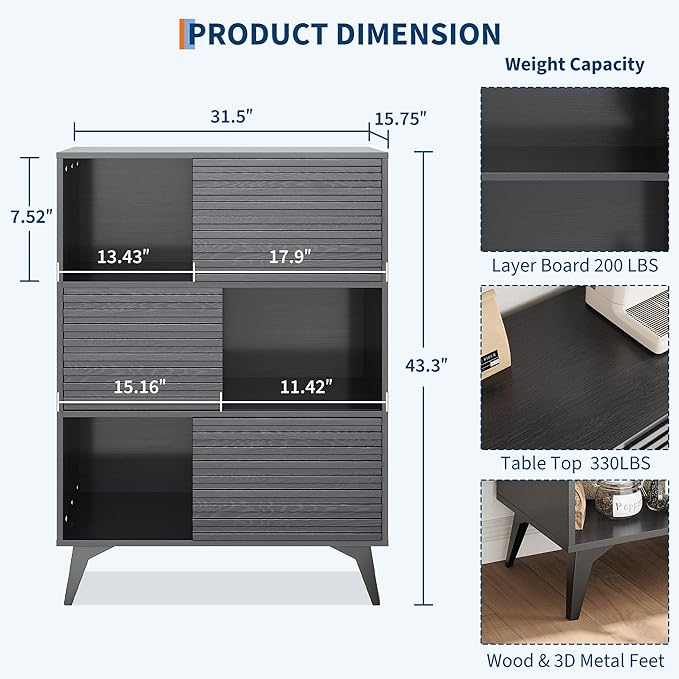 IDEALHOUSE Fluted Cabinet with Sliding Doors, Modern Wooden Storage Cabinet