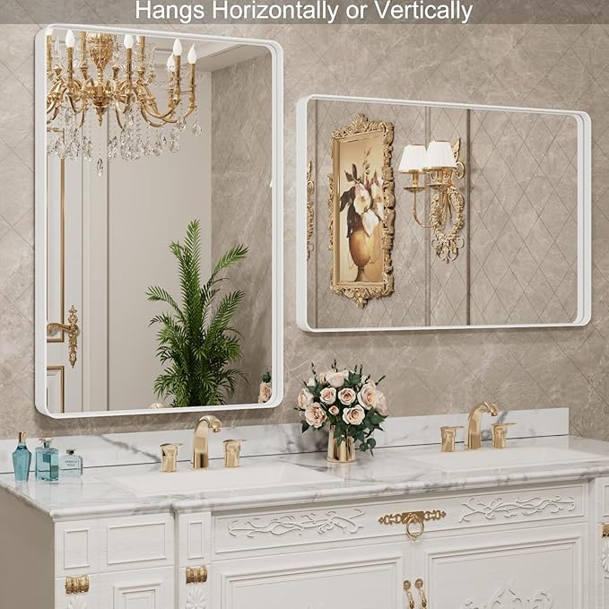 LOAAO 30x36 Inch White Metal Framed Bathroom Mirror