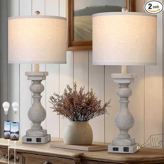 28" Tall Farmhouse Table Lamps Set of 2 with USB C+A Ports and AC Outlet, 3 Way Touch Tall Rustic Bedside Lamps for Living Room, Grey Vintage Lamps for Bedroom
