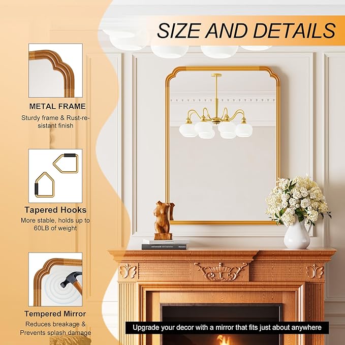 30" x 40" Wood Bathroom Mirror for Over Sink, Rustic Rounded Corner Vanity
