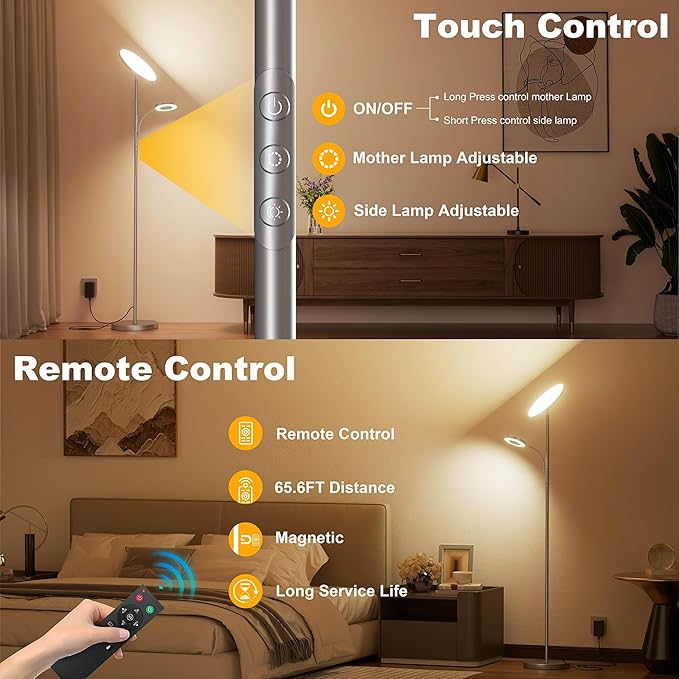 Silver Gray Floor Lamps for Living Room Bedroom, 42W/4300LM Bright LED Floor Lamp with Remote and Touch Control, Stepless Dimmable, 69" Tall Standing Lamp with Gooseneck Reading Light for Office
