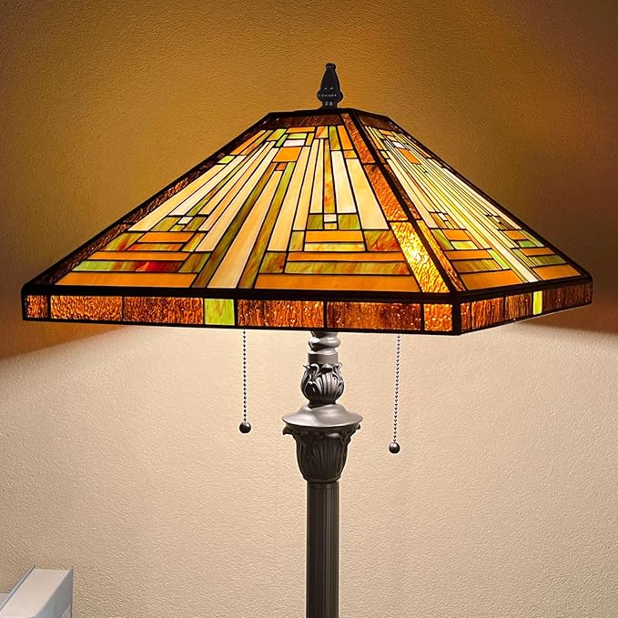 Capulina Tiffany Lamp Stained Glass Floor Lamp 2-Light 16X16X63 Inches Amber Brown Mission Antique Tiffany Style Standing Reading Lamp for Living Room Bedroom Home Office