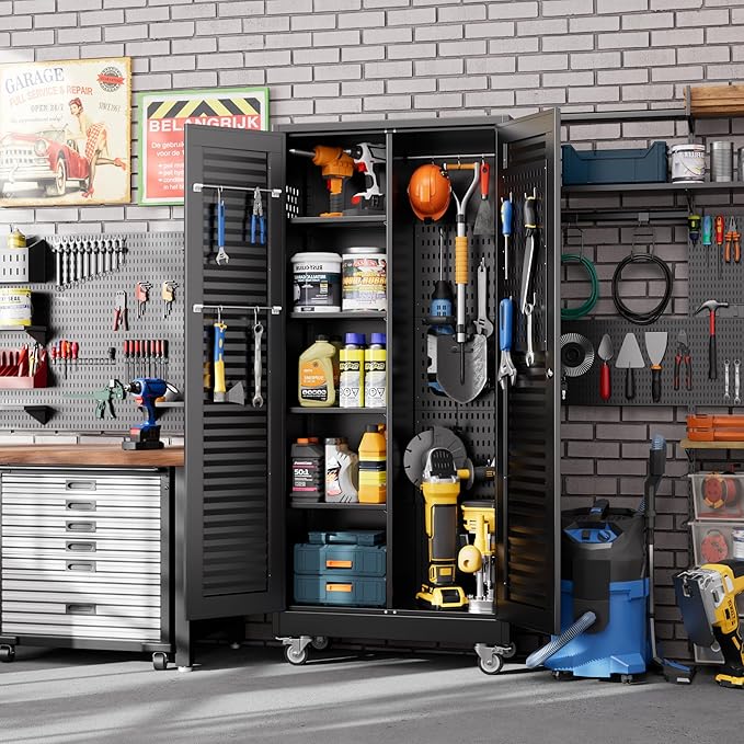 SUXXAN Broom Closet with Wheels 71"x 31.5"x15.75", Metal Cleaning Cabinets with
