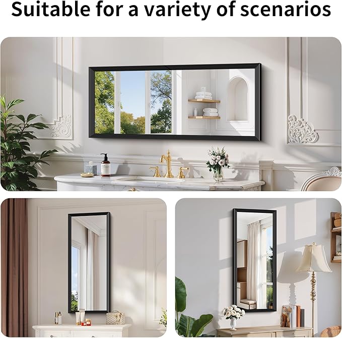 Black Bathroom Mirror 20 x 48 Inch Rectangle Wave Beveled