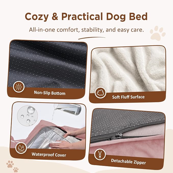 Comfort Expression Orthopedic Dog Bed for Extra Large Dogs 53x42 Inch, Waterproof Supportive Egg Crate Foam XXL Pet Bed with Removable Bolsters, Dog Couch with Washable Cover & Non-Slip Bottom, Pink | Waterproof Dog Couch Bed with Washable Cover & Non-...