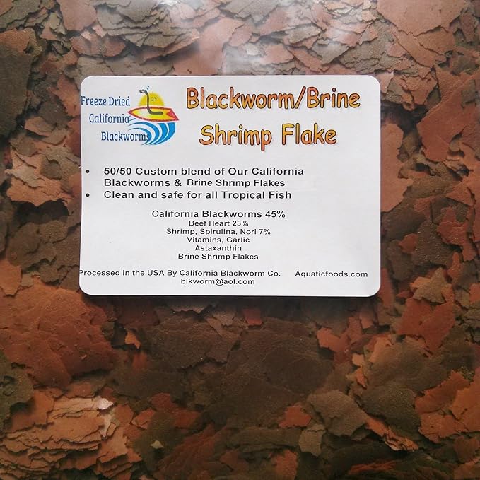 Aquatic Foods Inc. Flakes - 45% California Blackworm & Brine Shrimp Flake Mix for Angels, Discus, Cichlids, Tetras, Guppies, Live Bearers, All Community Tropical Fish - Premium AF Flakes - 1/8-lbs