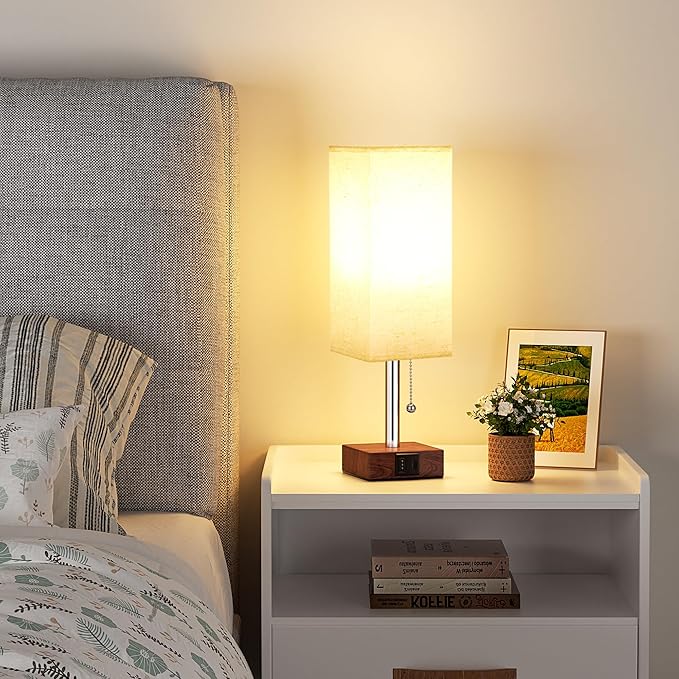 aooshine Red Brown Small Table Lamp for Bedroom - 3 Color Temperature 3000K 5000K 4000K Bedside Lamp, Pull Chain Control, USB A and C Ports, Pure Gold Color Base, Bulb Included