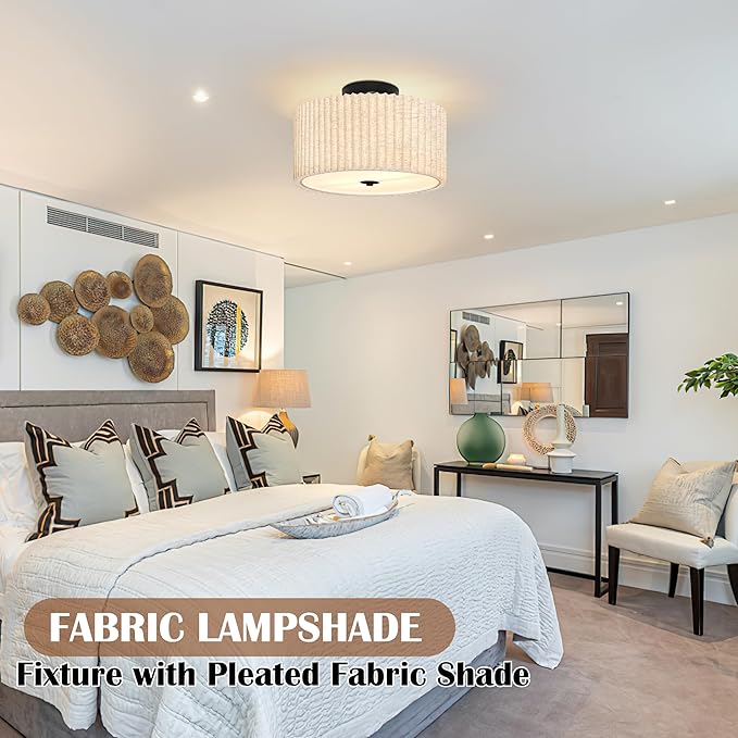 2 Light Semi Flush Mount Ceiling Light Fixture 12.6 Inch Modern Black Drum Ceiling Light Fixture with Pleated Fabric Shade Dimmable Close to Ceiling Light for Living Room Hallway Bedroom Entryway