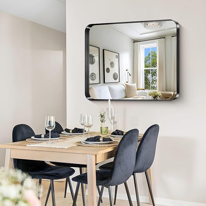 CIRCUMI Black Bathroom Mirror, Rounded Corner, Tempered Glass, Mirror