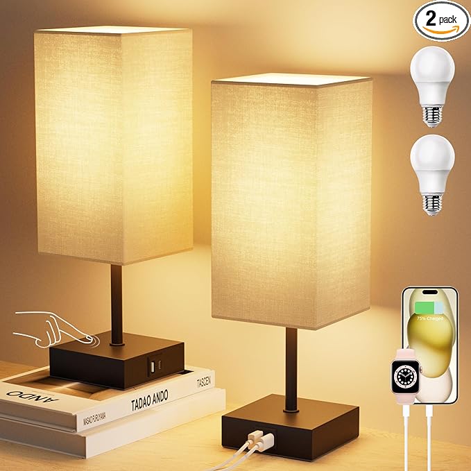 Sailstar Touch Bedside Lamp for Bedroom Set of 2, 3 Way Dimmable Table Lamp with USB C+A Charging Ports, Small Nightand Lamps for Bedroom Decor, Living Room, Home, LED Bulbs Included, Upgraded Beige