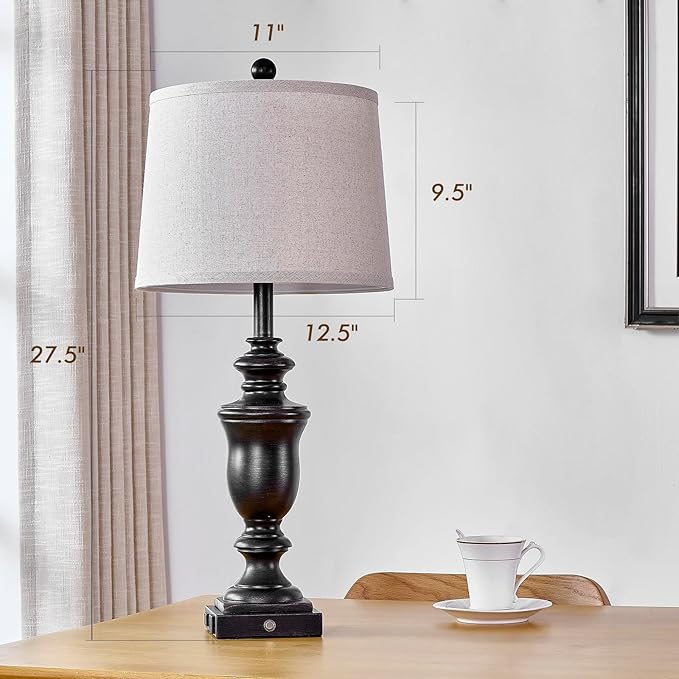 27.5" Set of 2 Farmhouse Table Lamps for Bedroom, 3 Way Dimmable Bedside Lamp with 2 USB +AC Outlet Nightstand Lamps for Living Room Resin Rustic Touch Lamps (Antique Black)
