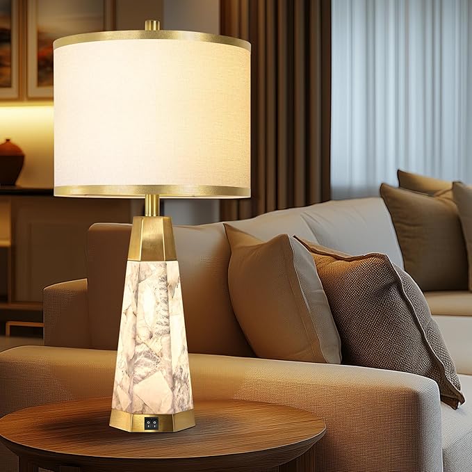 27" Natural Alabaster Table Lamps Set of 2 - Lamps for Living Room with Night Light, Bedside lamps with White Linen Shade, Nightstand Table Lamp with USB A+C Port for Bedroom Office (bulb included)