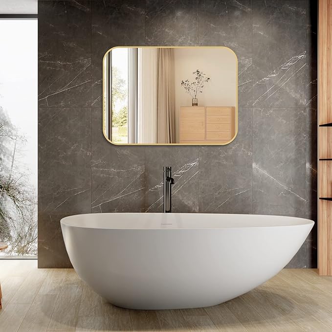 24x36 Inch Gold Bathroom Mirror, Brushed Gold Metal Framed Rectangular Mirror
