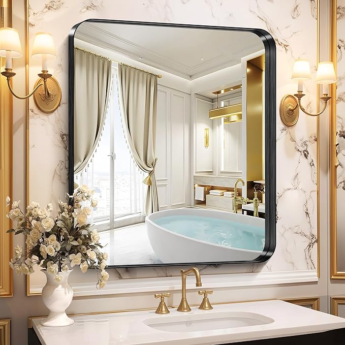 CIRCUMI Black Bathroom Mirror, Rounded Corner, Tempered Glass, Mirror