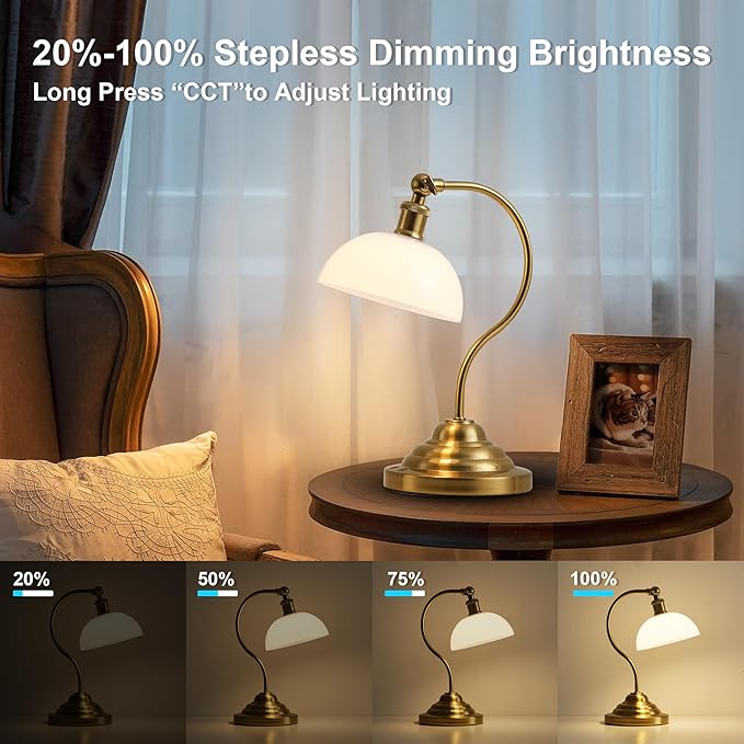 Cordless LED Table Lamp Set of Two, Swing Arm Desk Lamp, Battery Operated,Dimmable/3 Color,Modern Rechargeable Table Light for Living Room,Bedroom,Bedside, White Glass Shade, Brass