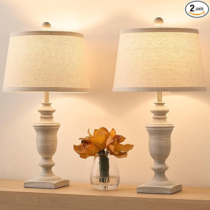 23" Farmhouse Table Lamps Set of 2, 3 Way Dimmable Lamps with 2 LED Bulbs and Rocker Switch, Vintage Nightstand Lamp for Bedroom Living Room Office End Table Entryway, Antique Grey