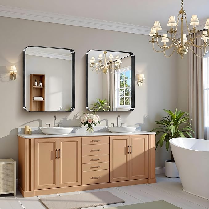 CIRCUMI Black Bathroom Mirror, Rounded Corner, Tempered Glass, Mirror