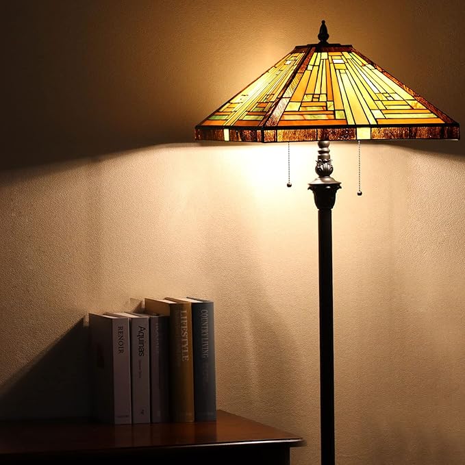 Capulina Tiffany Lamp Stained Glass Floor Lamp 2-Light 16X16X63 Inches Amber Brown Mission Antique Tiffany Style Standing Reading Lamp for Living Room Bedroom Home Office