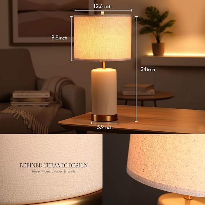 O’Bright Dune - Battery Powered Table Lamp, Rechargeable Cordless Ceramic Lamp, Full-Size 24 Inch Height, 4-Level Dimming, Smart Safety Protection, Type-C Fast Charging, LED Bulb Included, Cream White