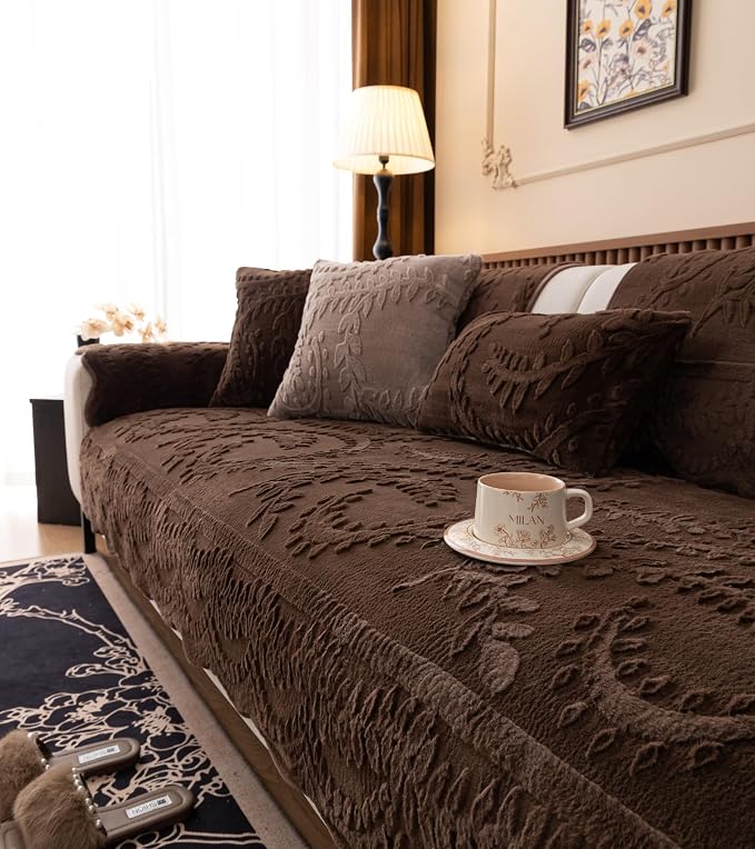 Fuzzy Rabbit Plush Sofa Cover Cozy Warm Sofa Couch Covers with 3D Jacquard Leaf Pattern Non-Slip Easy-to-Install Shaggy Sofa Slipcover Prefect for Kids Dogs Cats Cats(Caramel,36"x94")
