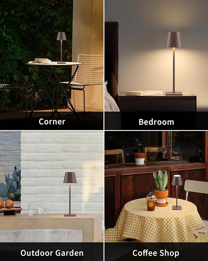 KDG 2 Pack Cordless Table Lamp,Portable LED Desk Lamp, 4000mAh Battery Operated, 3 Color Stepless Dimming Up, for Restaurant/Bedroom/Bars/Outdoor Party/Camping/Coffee Shop Night Light(Brown)