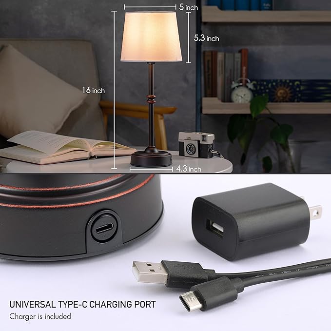 O’Bright Seraph - Cordless LED Table Lamp with Dimmer, Built-in Rechargeable Battery, 3-Level Brightness, Patio Table Lamp, Bedside Night Lamp, Ambient Light for Restaurant, Oil Rubbed Bronze
