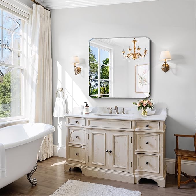 CILIBER Beveled Mirror 30"x30", Square Frameless Bathroom Mirror Rounded Corner